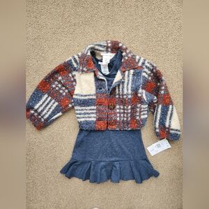 Bonnie Jean Plaid Sherpa Jacket & Blue Knit Dress Set - Blue, Rust & Cream